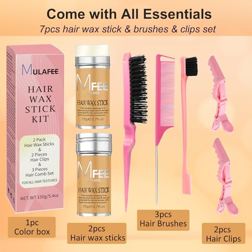 MULAFEE Hair Wax Stick Kit 7 Pcs, Wax Stick for Smooth Hair Wigs, Non-Greasy Styling Wax for Fly Away and Edge Frizz, Hair Slick Stick with Comb & Hair Clips Set