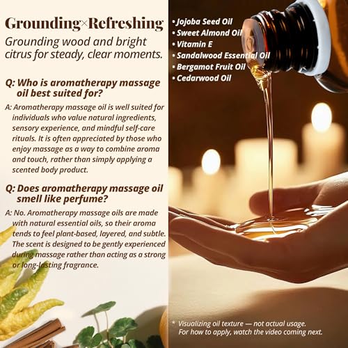 Sandalwood & Bergamot Aromatherapy Massage Oil ? Essential Oil Blend with Jojoba & Sweet Almond Oils, Lightweight & Fast-Absorbing Skin & Body Hydration, Woody-Citrus Aroma, 1 fl oz / 30 ml