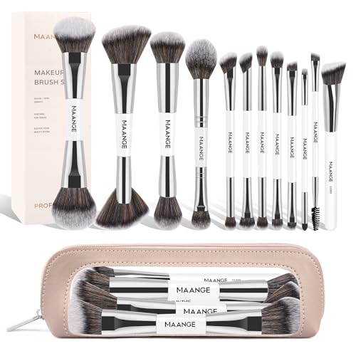 MAANGE Makeup Brush Set 23-In-12 Pcs Essential Foundation Makeup Brushes for Powder Concealers Eye Shadows Blush Make Up Brushes with Travel Makeup Case - Silver