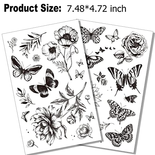 Black Flower Butterfly Temporary Tattoos for Women - 6 Sheets