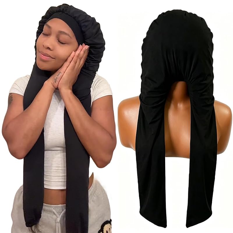 INSBEAUTY Long Hair Sleep Bonnet with Tie Band – Black