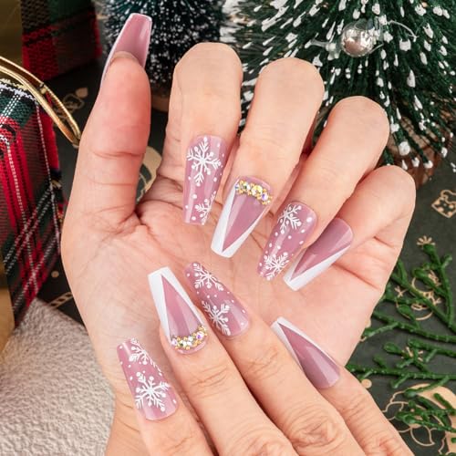 Noverlife 96PCS Christmas Short Squoval Press on Nails w/Nail Glue Tabs, Christmas Square Oval Fake Nails Acrylic Fingernails Xmas False Nail Tips, Festive Holiday Nail Art Manicure Decor for Women