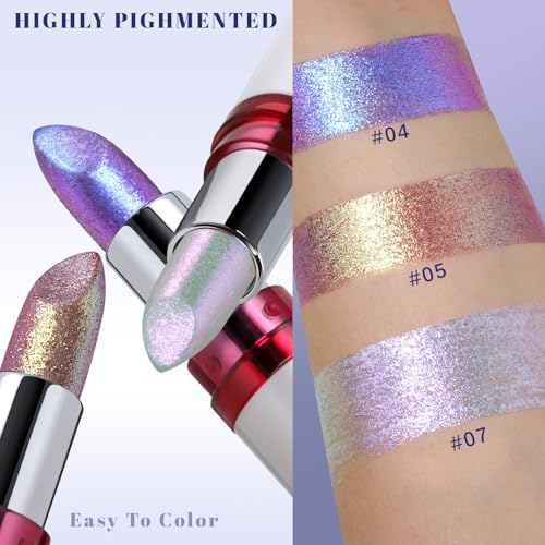 Noerrors Chameleon Silver Pink Glitter Lipstick, Holographic Color Shift Waterproof Long Wear Shimmer Metallic Lip Color, Duochrome Iridescent Sparkle Diamond Lip Gloss Mermaid Makeup for Festival#07