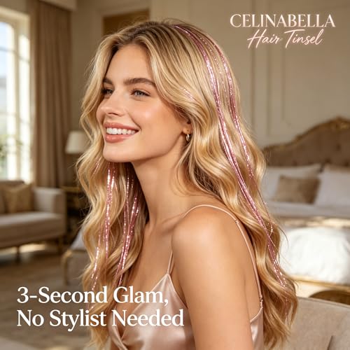 Neon Pink Clip-in Hair Tinsel 12PCS 23 Inch Heat-Resistant Glitter Hair Extension