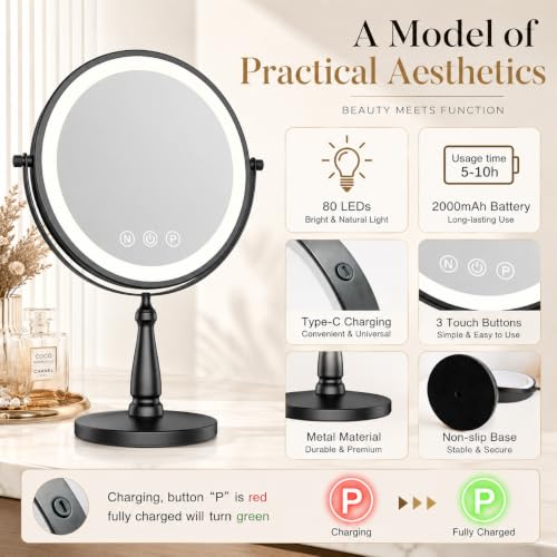 WOOCICA 10X Lighted Vanity Mirror with 2000mAh Battery, 9-Inch 360° Rotating 3-Color LED - Black (10x Black 2000mah)