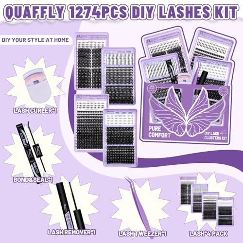 DIY Cluster Eyelash Extension Kit - 1274Pcs with Bond, Remover & Tools