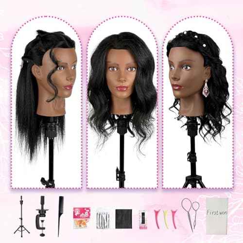 18'' Firstwon Mannequin Head Human Hair with 100% Real Hair Cosmetology Manikin Doll Head for Hair Styling Mannequin Head for Braiding with Table Clamp Stand and Tools(18Inch-Tripod)