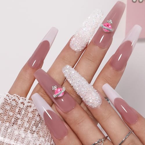 Press on Nails Long Coffin Pink Wavy Swirl Lines Bling Rhinestones White French Tip Handmade Fake Nails XL, Reusable Glossy Gel False Nail Full Cover Stick on Nail Manicure for Women-14pcs, L