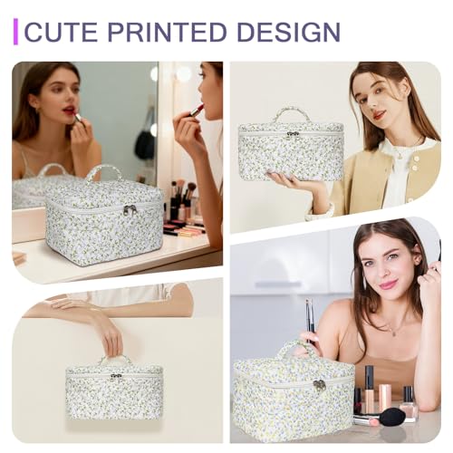 1pc Large Makeup Bag, Cute Cosmetic Bag for Women Girls, Floral Coquette Aesthetic Toiletry Bag, Travel Make Up Organizer Bag (Purple Floral Print