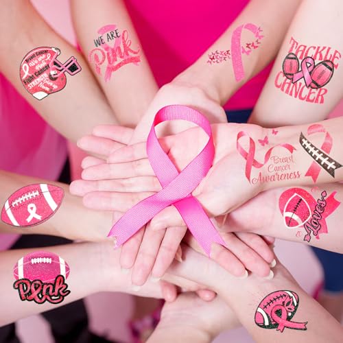 HOWAF 72pcs Breast Cancer Awareness Temporary Tattoos, Glitter Pink Out Football Tattoos, Football Pink Ribbon Themed Tattoos Stickers for Breast Cancer Month Charity Event Supplies Favors