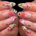 Medium Almond Press On Nails with French Tip & 3D Flower Design, 24Pcs