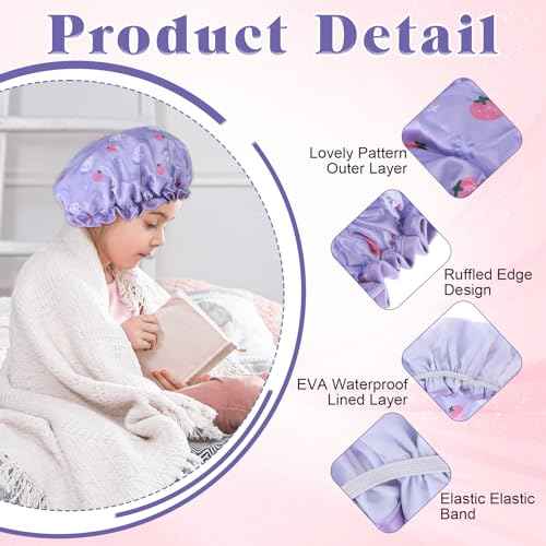 Kids Shower Caps, 2 PCS Waterproof Double Layers Shower Caps Cute Rabbit Bonnets Elastic Band Bonnet Satin and Eva Soft Kids Sleeping Cap Reusable Shower Cap for Kid(Purple + Yellow)