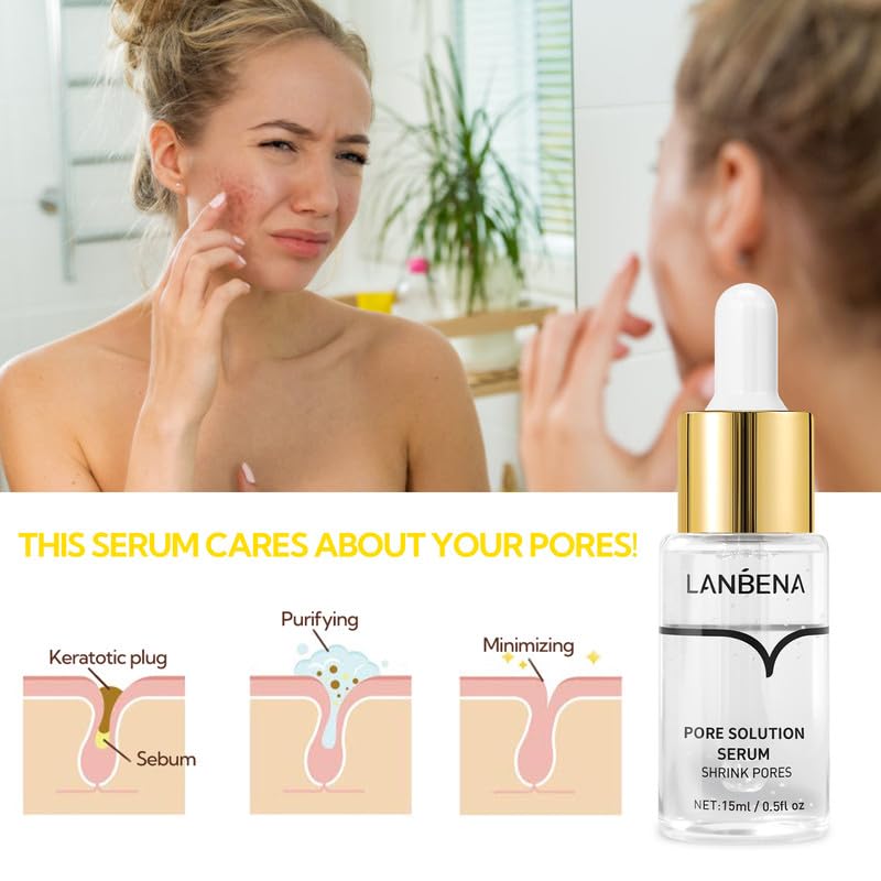 LANBENA Pore Minimizer Serum, Pore Minimizer & Reducer for Face, Minimizing, Shrinking, Oil Control Firming, Tightening Pores, 100% Vegan Pore Moisture after Blackhead Remover, 0.5 fl.oz