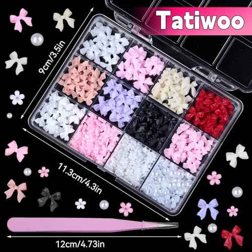 2 Boxes Mixed 3D Nail Charms and Rhinestones, Color Bows Bowknots Flowers Acrylic Nail Art Charms, Flatback Pearl Nail Gems Charms DIY Nail Art Accessories