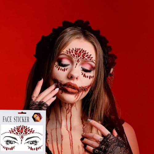 Red and Black Rhinestone Face Gems ? Self-Adhesive Crystal Tattoo Stickers for Halloween, Day of the Dead, Carnival, Party, Festival Makeup ? Eye, Body, Face Jewels for Women Girls-2 Sheets