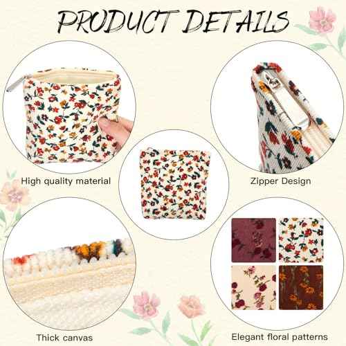 Abbylike 4 Pcs Floral Makeup Bag Corduroy Cosmetic Bag with Zipper Portable Small Pouches for Purse Toiletry Mini Pouch Cute Mini Makeup Purse for Coin Essentials Items Women(Elegant)