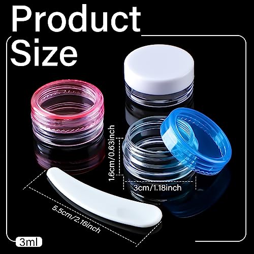 Jinei 500 Pcs 3g Empty Sample Containers with Lids Bulk Small Plastic Sample Jars Round 3ml Tiny Clear Lip Balm Lotion Pot and 50 Pcs Mini Cosmetic Spatula for Make up Powder Oils Paint Creams