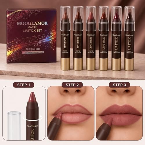 6-Piece Matte Lip Liner & Lipstick Set - Red Tones