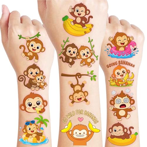 96 Monkey Temporary Tattoos for Kids - Jungle Animal Designs