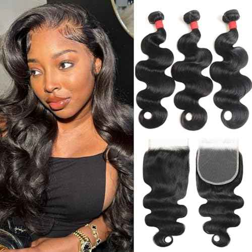 Bundles with Closure Human Hair (14 16 18+12) Body Wave 3 Bundles with 5x5 HD Closure 100% Human Hair 12A Unprocessed Virgin Hair Natural Black