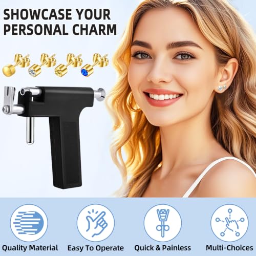 Novopiercing Gold Self Ear Piercing Gun Kit with 18 Pairs of CZ & Steel Ear Studs