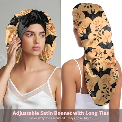 Long Satin Sleep Bonnet for Women & Girls - Soft Silk-Lined Nightcap with Tie - Orange Bat Ao13