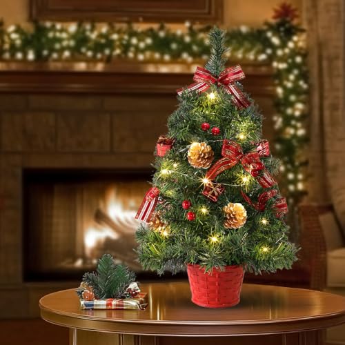 2PACK GRANDEAL 20 Inch Lighted Tabletop Mini Christmas Tree with Timer Artificial Small Christmas Tree with Lights Ornaments Bows Gifts Pinecones Basket Base Christmas Decorations Office Home Decor