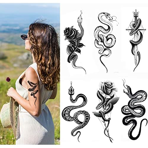 10 Sheets Realistic Snake Temporary Tattoo stickers for Women Men, Fake Snake Tattoo Stickers for Adults Girl¡¯s Arm Body, Black Serpent Peony Floral Kids.