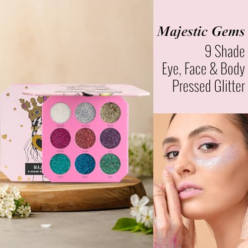 Profusion Cosmetics Majestic Gems 9 Shades Pressed Glitter Palette - High-Impact Sparkle for Face, Body & Eyes, Buildable & Blendable with Minimal Fallout Application, Cruelty-Free Makeup