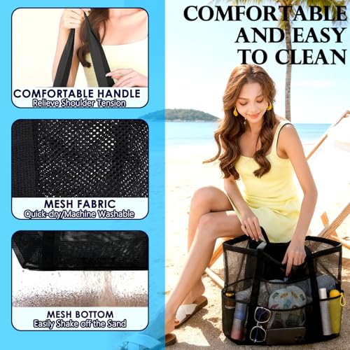 Fammart Large Mesh Beach Bag with Zipper Pocket for Family Travel