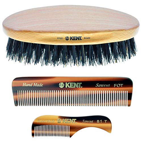 Kent Set of 3, 81T Small Beard and Mustache Comb, FOT All Fine Pocket Comb and PF22 Hair Brush and Beard Bruh, Best Beard and Mustache Grooming Kit for Travel and Home Beard Care, Made in England