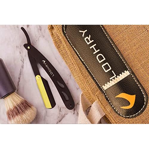Professional Straight Edge Shaving Razor Barber Razors For Men + Single Blades, Men's Manual Shaver Salon Quality Cut Throat Shavette Navajas Para Barbero Matte Black, 11Pcs (Gold Plated Clip)
