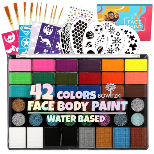 Bowitzki Face Paint Kit - 24 Colors, Glitter & Stencils for Adults
