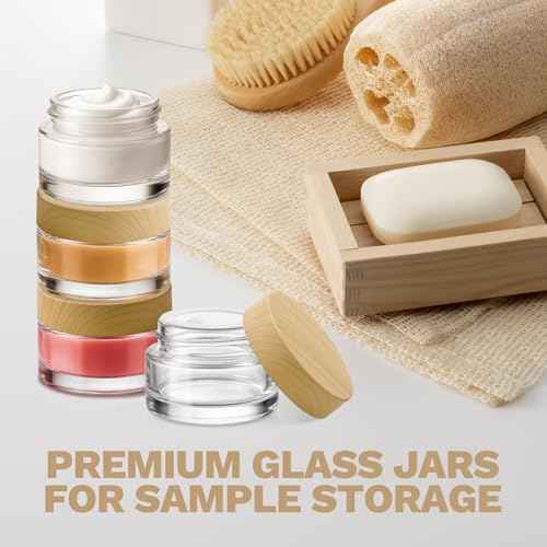 Bumobum 12 Pcs 5 Grams Glass Cosmetic Jars with Plastic Wood-Grain Lids, 5 ml Lip Balm Containers Empty Tiny Sample Jars for Lip Scrub Makeup Eye Cream Travel