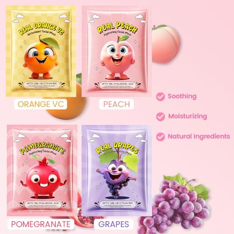 evpct 12-Pack Fruit Sheet Face Facial Masks for Women Skincare Spa, Facial Spa Day Slumber Sleepover Birthday Party Favors Supplies, Natural Ingredients, Hydrate and Soothe for All Skin Types, SetA01