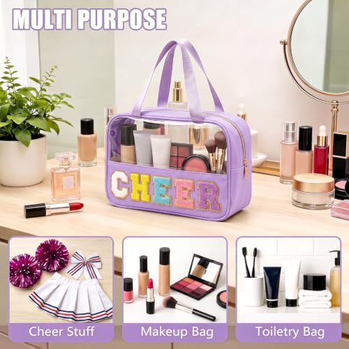 KRYZMET Cheer Purple Makeup Bag with Chenille Letter Patch Waterproof Nylon Travel Organizer for Girls Women