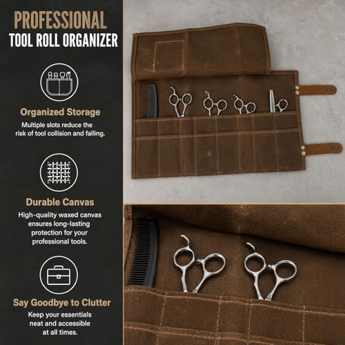 16-Slot Barber Scissors Bag Roll-Up | Waxed Canvas & Leather