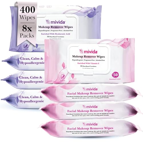 mivida Hypoallergenic Makeup Remover Wipes Bulk Variety Box, 4 Packs Vitamin E + 4 Packs Hyaluronic Acid, Plant-Based, Alcohol & Fragrance Free Makeup Wipes Remover (8 Packs x 50 Wipes), Total 400ct