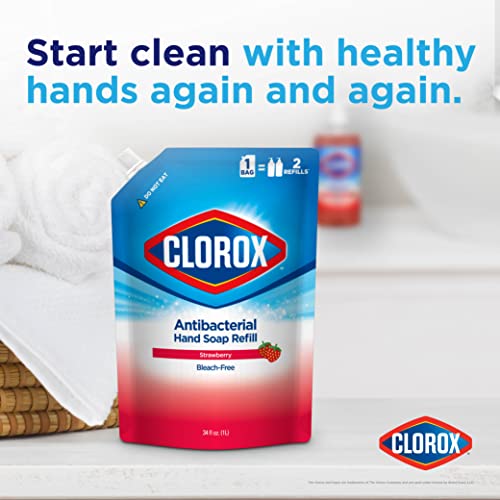 Clorox Antibacterial Liquid Hand Soap Refill, Strawberry Scent - Scented Hand Wash, Liquid Soap for Bathroom or Kitchen - Washes Away Dirt from Hands and Keeps Them Soft, 34 Fl Oz