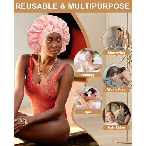 Extra Large Satin Bonnet for Sleeping Jumbo Silk Bonnet Double Layer Hair Bonnet for Women with Elastic Tie Band Sleep Bonnet Hair Wrap for Braids Curly Hair(Apricot Powder+Champagne)
