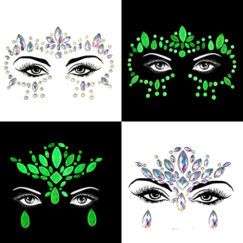 Glows Face Gems Jewels, 4 Pack Noctilucent Stickers Glow in the Dark Tattoo Crystals Body Gems Stick on for Halloween Carnival Festival Party