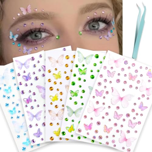 5 Sheets 3D Butterfly Face Gem Stickers Self-Adhesive