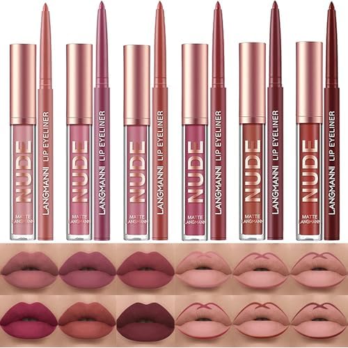 LANGMANNI 6 Matte Lipstick with 6 Lipliners Durable Makeup Set,Long-Lasting Non-Stick Cup Not Fade Waterproof Pigmented Velvet Lipgloss Kit Beauty Cosmetics Makeup Gift for Women (#A)