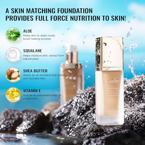 Oulac Foundation Make Up, Skincare Infused With Aloe Leaf And Vitamin E, Medium to High Coverage Liquid Foundation, Foundation Vegan 30ml, Shade：Porcelain 01