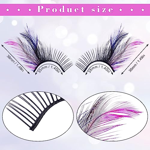 2 Pairs Halloween Dramatic Eyelashes, Extra Long Feather Costume False Lashes Extension, Black Pink Blue Wing Witch Cat Eyes for Rave Festival Cosplay Dance Party Makeup