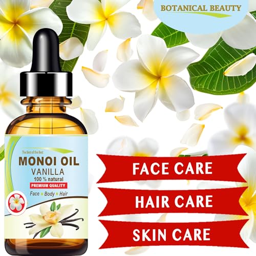 Botanical Beauty MONOI OIL VANILLA - Tiare flowers in Coconut Oil and Vanilla Bean Oil 100% Natural 2 Fl.oz - 60 ml Pure for FACE, SKIN, BODY, HAIR, NAILS