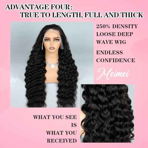 250% Density HD Full Lace Front Wigs Human Hair Loose Wave 100% Real Human Hair 15A Full 13x4 Large Lace Space Loose Deep Wave Wig, No Synthetic Blend Tangle Free Shedding Free Triple Lifespan 3X