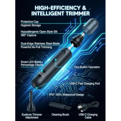 Nose Hair Trimmer for Men & Women - Waterproof USB Rechargeable Ear & Nose Trimmer, 360¡Æ Rotary Painless Facial Hair Trimmer with LED Monitor, Eyebrow & Beard Trimmer, Easy Clean, Quiet