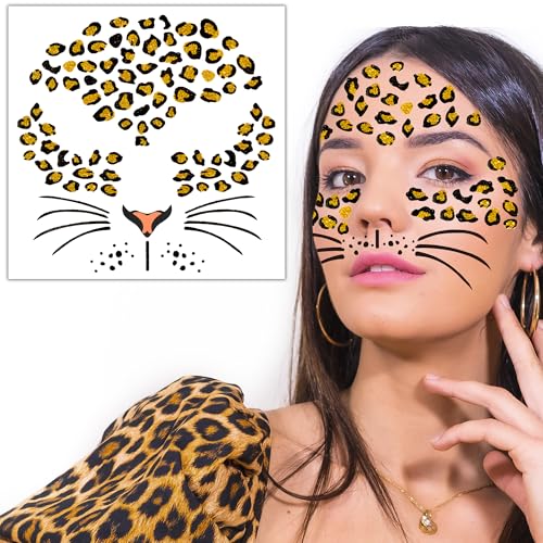 Glitter Leopard Face Tattoos - Cheetah Costume Stickers