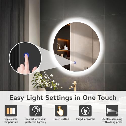Aurogsky 20” x 20” LED Bathroom Smart Mirror, Round Backlit Vanity with Three Color Temperatures & Memory Function